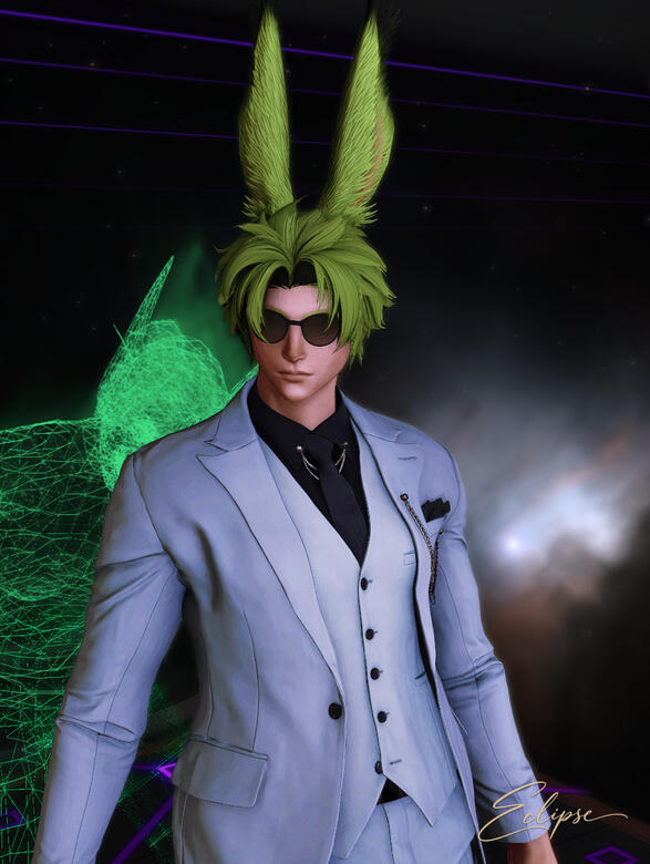 Green-haired guest in the purple room